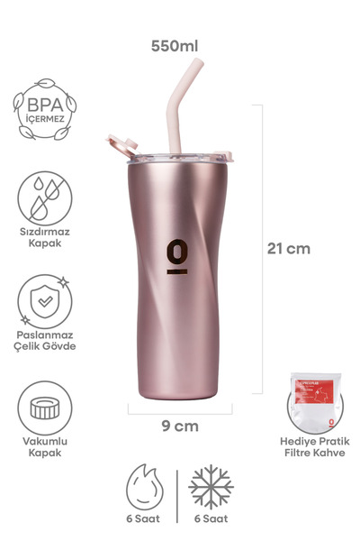 Espressolab Paslanmaz Çelik Rose Metalik Tumbler Termos 550 ml Pipetli Vakuml...