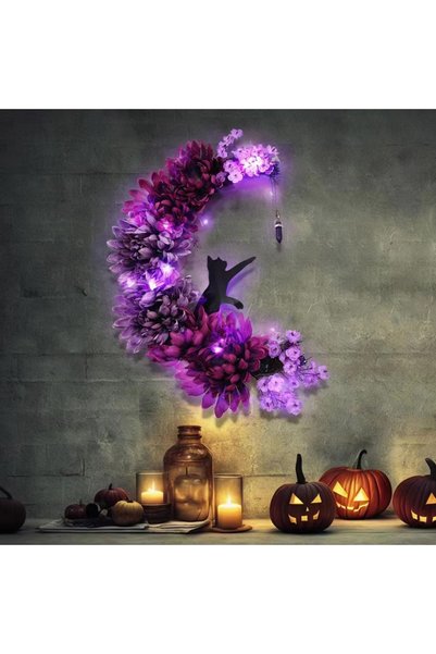 Morvena Picks Coroniță de Halloween cu pisicuță și lună, decorațiune de ușă c...