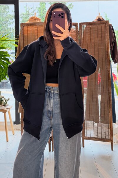 butikhola Navy Blue Hooded Zippered Sweat Cardigan