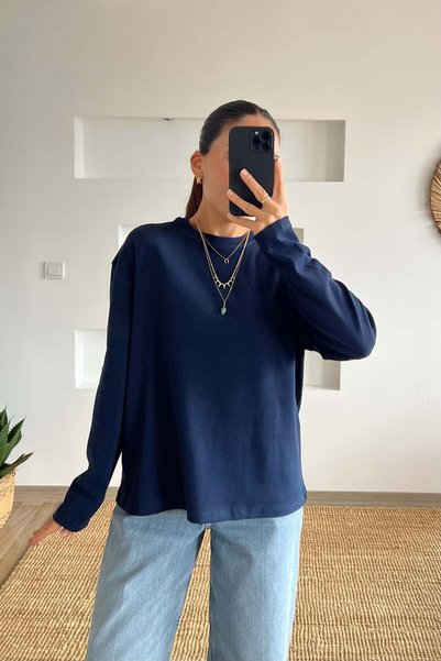 butikhola Navy Blue Soft Textured Long Sleeve Sweatshirt