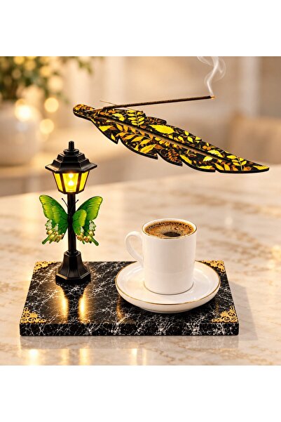 hediye arıları Porcelain Coffee Cup with Street Lamp Design and Wooden Incens...