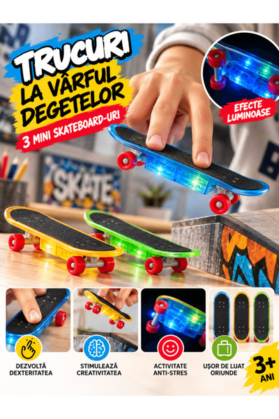 OEM Set de 3 mini skateboard-uri fingerboard, cu efecte luminoase, 10 cm, mul...