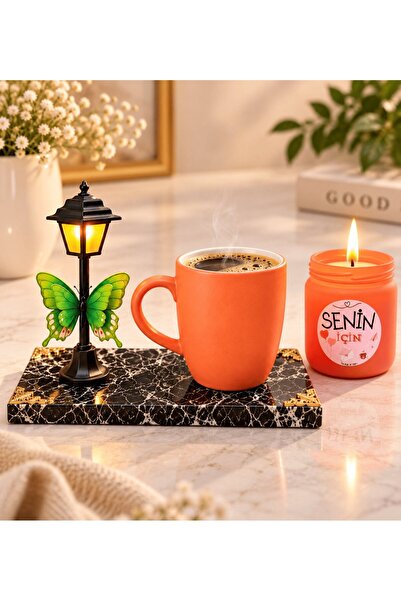 hediye arıları Orange Mug with Street Lamp Design and Scented Candle with Bla...
