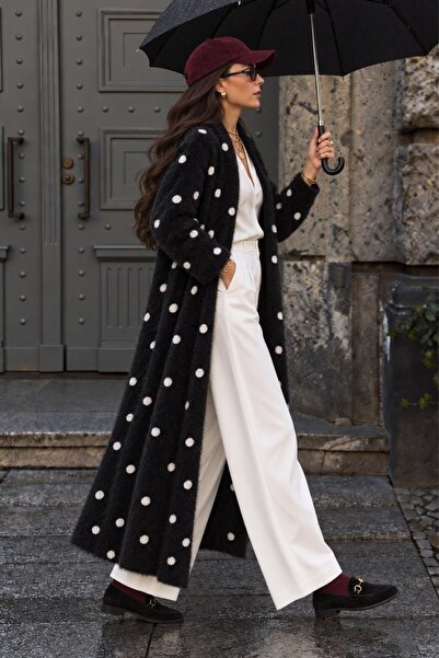 AFVENTE Perla Women's Long Angora Cardigan – Soft Textured Long Cardigan Blac...