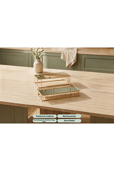 Vivense PRİZMA AYNALI TEPSİ 2Lİ SET 30X15CM, GOLD