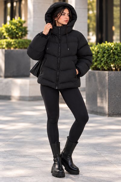 Modayıldızlar Women's Side Pocket Zippered Hooded Puffer Coat Oversized Zippered Thick Winter Coat