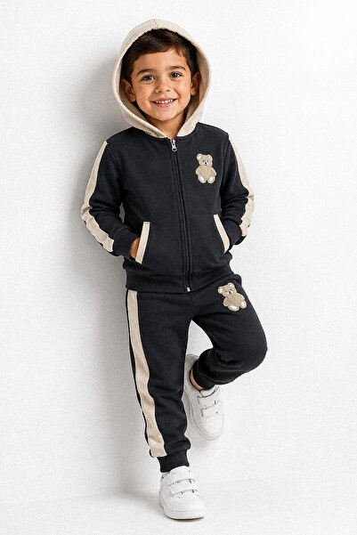 kinderos Teddy Bear Embroidered Hooded Three Yarn Boys' Double Set - 26K 6455