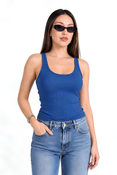 MOVİMENT Blue Fitted Pool Neck Tank Top |   Thick Strapped Ribbed Camisole Kn...