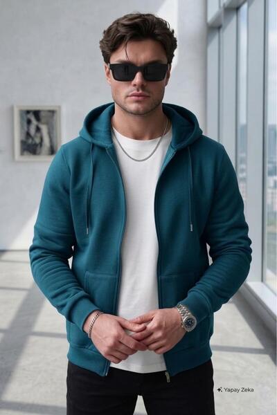 NO 601 Men's Petrol Hooded Full Zip Cardigan