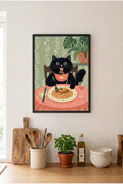 huhuli Cat Eating Pasta Black Wooden Framed Mdf Painting - Cat in the Kitchen...