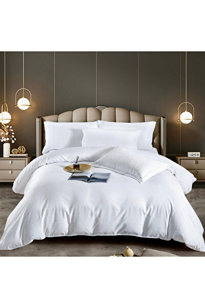 JOJO HOME Lenjerie de pat dublu, cu elastic, damasc, alb, 6 piese, DME-13