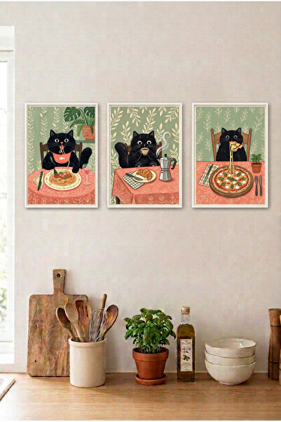 huhuli 3-Piece Cat in the Kitchen White Wooden Framed Mdf Painting Set - Kitc...
