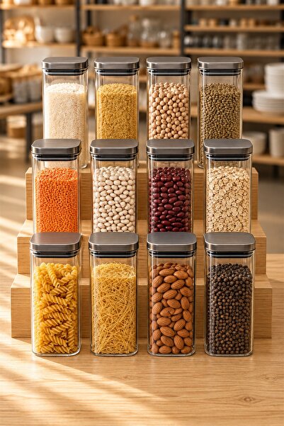 Karçiçeği Home Steel 12'Li 1150 ML Kare Borosilikat Cam Saklama Kavanozu – Va...