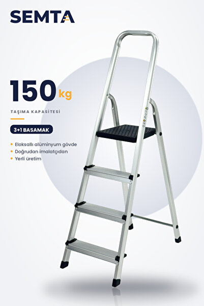 SEMTA Katlanır Alüminyum Merdiven 3+1 Basamaklı Platformlu Kaymaz Ev Tipi 150 kg