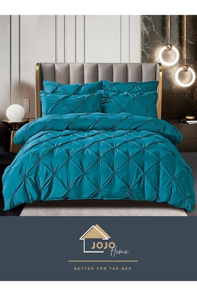 JOJO HOME Lenjerie de pat premium petrol cu pliuri decorative brodate, 6 pies...