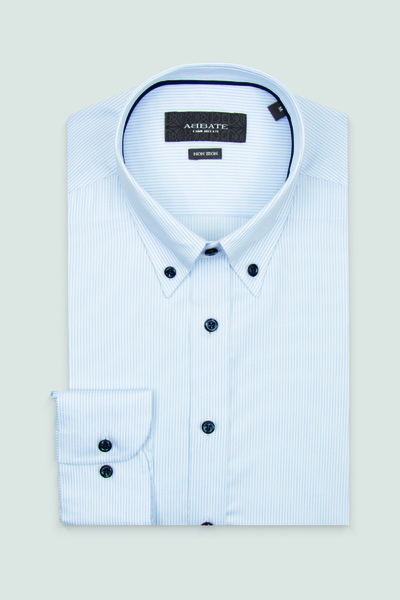 Abbate Matteo Non Iron Twill %100 Pamuk Comfort Fit Beyaz Düğmeli Yaka Erkek Çizgili Gömlek