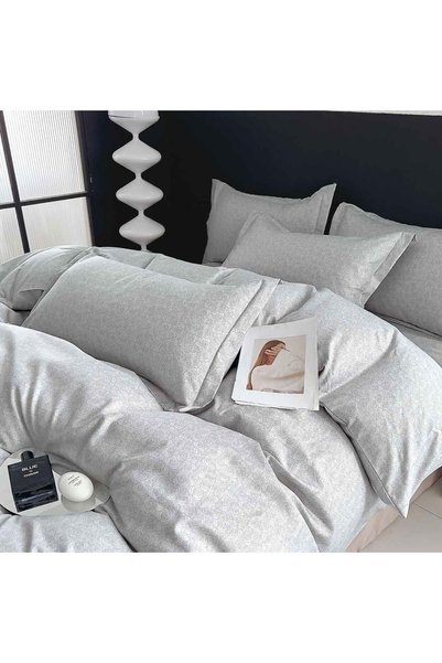 JOJO HOME Lenjerie de pat din finet cu 2 fete, 6 piese, pat 2 persoane, gri, ...