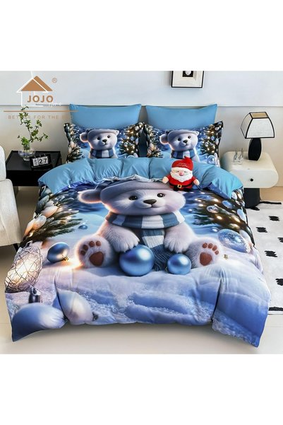 JOJO HOME 🎄 Lenjerie de Pat 6 Piese Craciun Albastru | Ursulet Polar cu Esar...