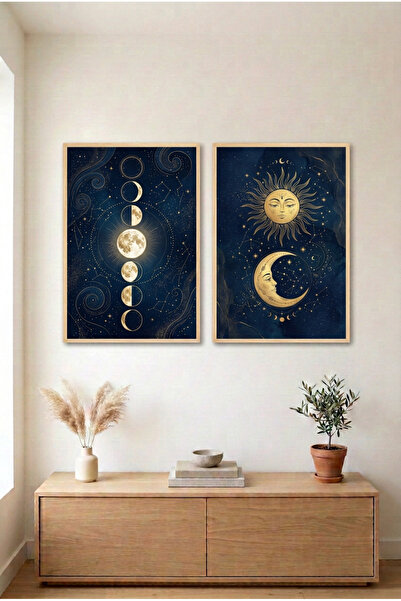 huhuli 2-Piece Moon Phases and Sun and Moon Wooden Framed Mdf Painting Set - ...
