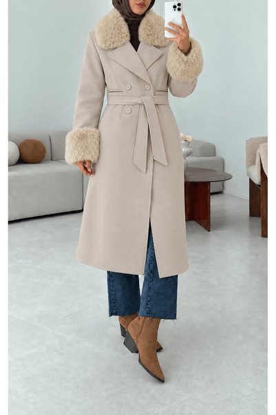 Hepsi Moda Fur Detailed Double Breasted Collared Cashmere Coat - Stone