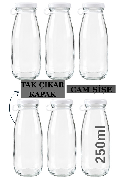 sara shoop 6 Adet Şeffaf Süt, Ayran, Limonata, Meşrubat Cam Şişe 250 ml (Tak ...