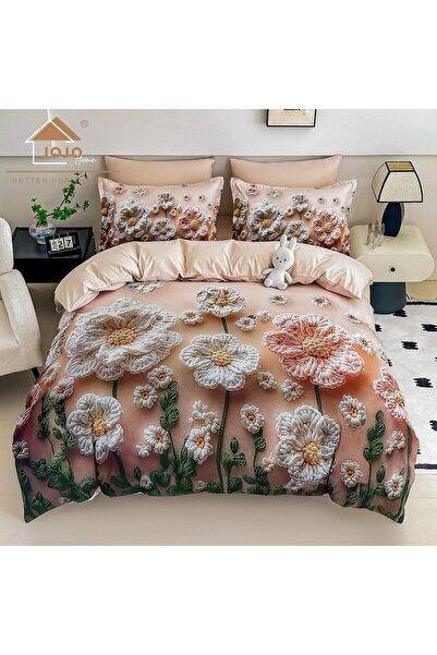 JOJO HOME 🌼 Lenjerie de Pat 6 Piese Bej Somon | Flori Relief 3D | Imprimeu D...