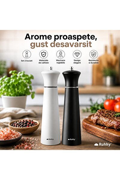 Ruhhy 24721 Râșniță manuală de sare și piper, Set de 2 piese, Mecanism cerami...