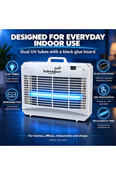 Al Shabah 3700 Flying Insect Trap with 2 UV Tubes and Black Glue Board, Protective Grille, On/Off Switch and Carry Handle, Indoor Use, White