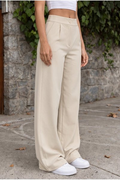 BİKELİFE High Waist Wide Leg Loose-Fitting Buttoned Fabric Trousers