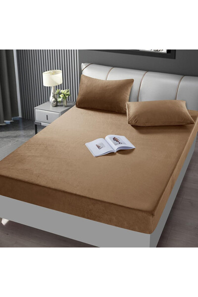 JOJO HOME Husa de pat si 2 fete de perne din catifea, uni, cu elastic, pat 2 ...