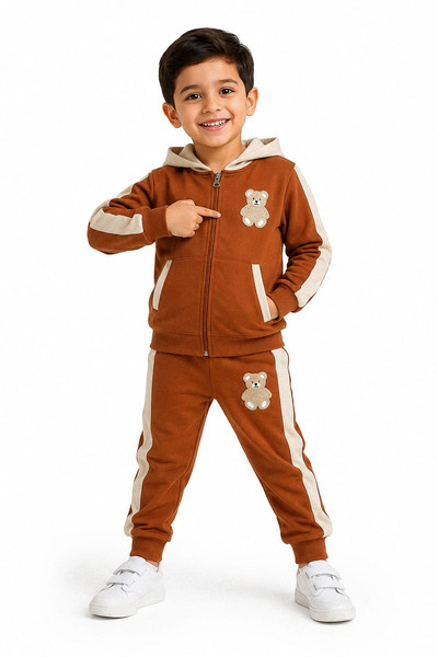 kinderos Teddy Bear Embroidered Hooded Three Yarn Boys' Double Set - 26K 6455