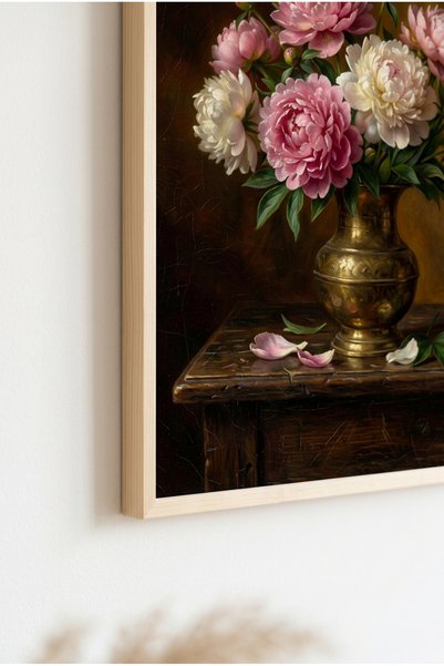 huhuli Peonies in Vase Wooden Framed Mdf Painting - Vintage Still Life Flowers Living Room Decor Huhu3297 - Single Painting Natural Wood Frame