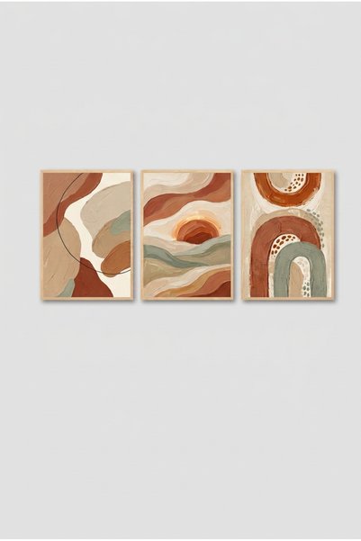 huhuli 3-Piece Abstract Earth Tones Wooden Framed Mdf Painting Set - Living Room Wall Decor Huhu3315 - Triple Painting Set Natural Wood Frame