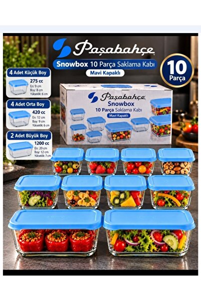 Paşabahçe 10 Pieces Snowbox Storage Container Small with Blue Lid 275 Cc H. M...