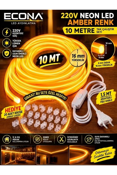 ECONA 10 Metre AMBER ANAHTARLI NEON LED Şerit ,Tak Çalıştır Set, Fişli Esnek ...