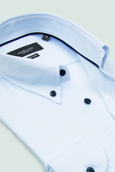Abbate Matteo Non Iron Twill %100 Pamuk Comfort Fit Beyaz Düğmeli Yaka Erkek Çizgili Gömlek