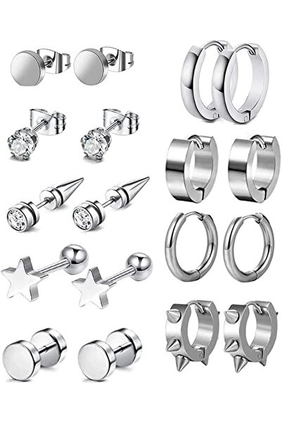 GENERAL 9Pairs Earrings for Men,Silver Black Stainless Steel Earrings Stud,8m...
