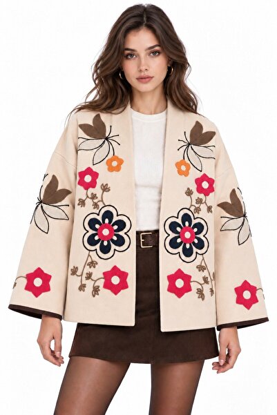 Saade Bej Etnik Nakış İşlemeli Kimono Kesim Kaşe Ceket