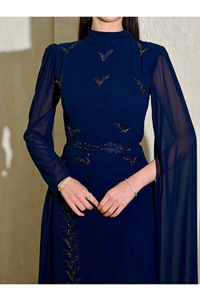 Generic Brand Women's Navy Blue Long Evening Dress with Shiny Embroidery and ...