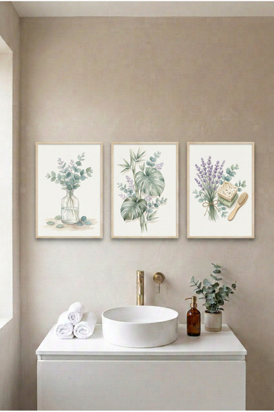 huhuli 3-Piece Spa and Botanical Wood Framed Mdf Painting Set - Bathroom Wall...
