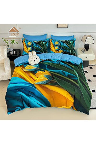 JOJO HOME Lenjerie de pat dublu din finet 5D Golden Tulips – Bleu si Galben M...