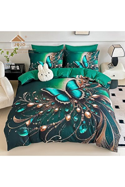 JOJO HOME Lenjerie de pat dublu din finet 5D Verde Smarald cu Fluture si Cris...