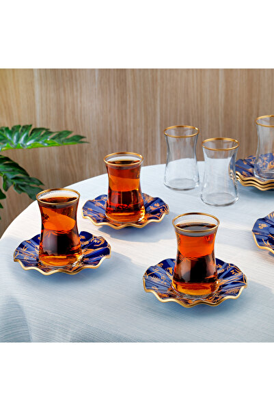 Schafer Golden Bird 6 Kişilik Cam Çay Seti 12 Parça-Lacivert