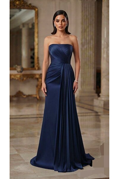 makbuleofficial Lacivert Saten Kumaştan, Drape Detaylı, Balık Model Elbise