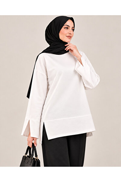 Enha Wear Kadın Beyaz Modal Kumaş Yırtmaç Detaylı Bisiklet Yaka Oversize Tese...