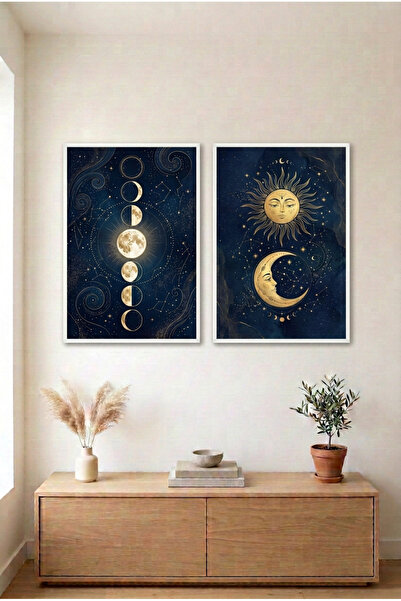 huhuli 2-Piece Moon Phases and Sun and Moon White Wooden Framed Mdf Living Ro...