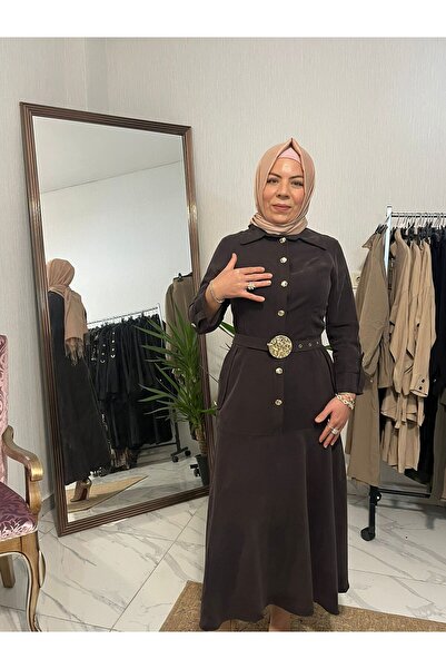 Milestone KAHVERENGİ KADIN İTHAL KUPRA GÜNLÜK ŞIK ELBİSE