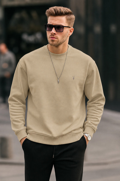 COMBİNE MİCHAİL Erkek Bisiklet Yaka Relaxed Bej Sweatshirt
