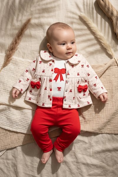 Babydonat Bella Bow Kız Bebek 3'lü Takım - Kapitone Ceket, Body Ve Pantolon S...