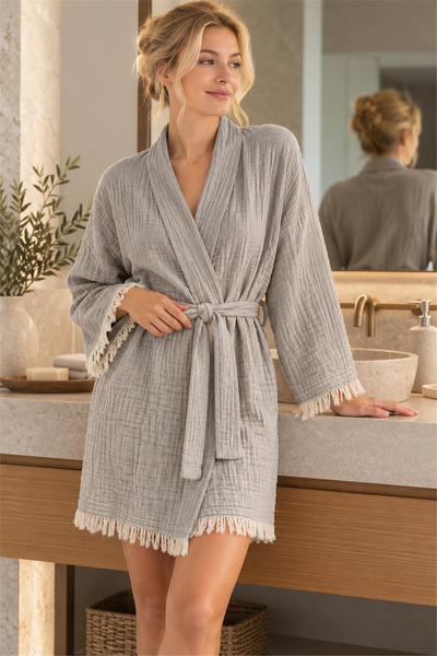 Bedinn Muslin Peshtemal Kimono Bathrobe Short - 100% Cotton, Natural Texture